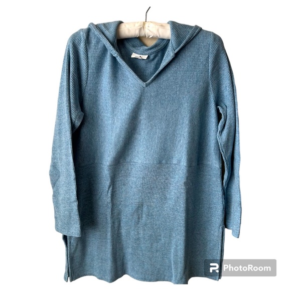 J. Jill Sweaters - J.Jill Hooded Split-Neck Sweater Tunic Blue Heather Side-Slit Size Petite Medium